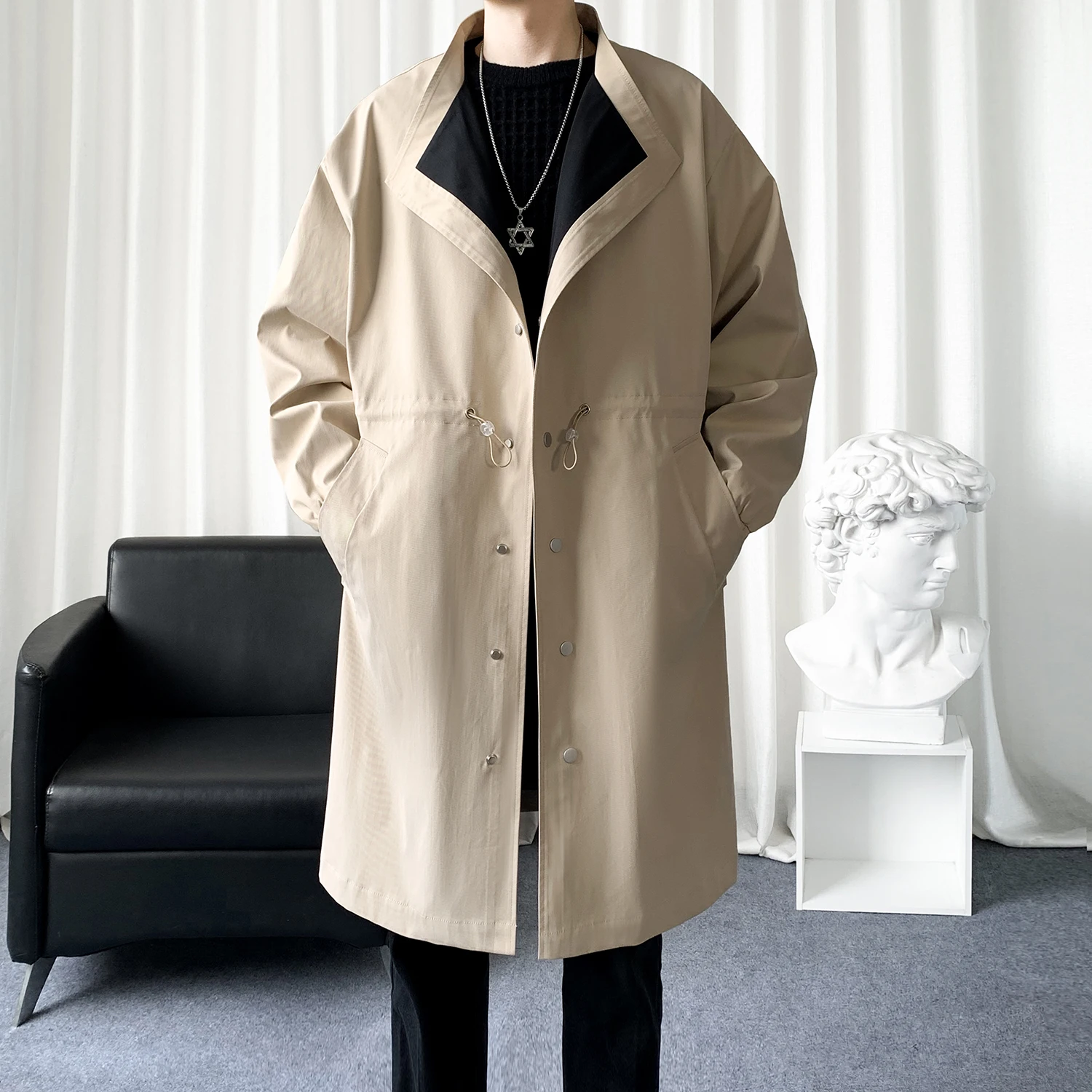 Color Blocking Single Breasted Long Windbreaker Casual Lapel Trench Coats Loose Plus Size Men's Clothing Male Jacket Autumn Tops