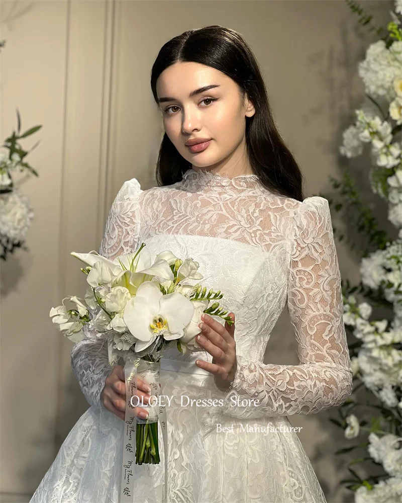 OLOEY Modest A Line Lace Wedding Dresses Long Sleeves High Neck Dubai Arabic Women Bridal Gowns Buttons Back Vintage Vestidos