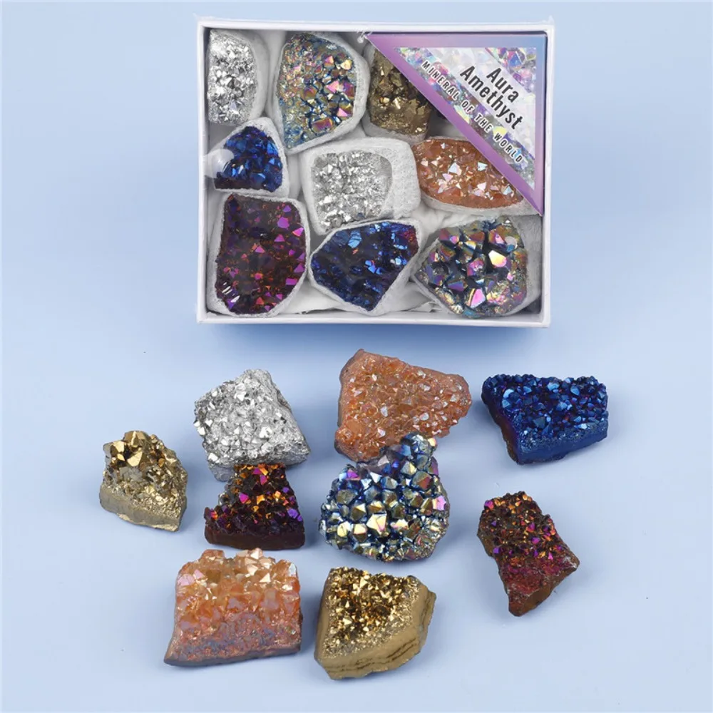 1Box Natural Amethyst Cluster Electroplated Druzy Titanium Coated Healing Crystals Stone Mineral  Specimen Home Decoration