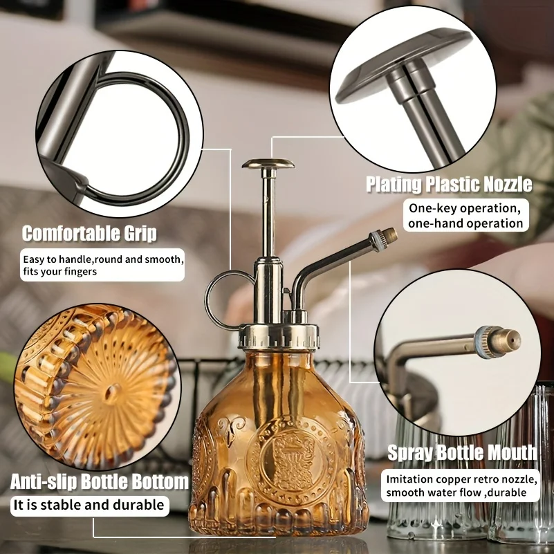 1pc Glas Bewässerung Spray Flasche, Vintage Bronze Kunststoff Top Pumpe Gießkanne Glas Spray Flasche Pflanze Mister, für Zimmer Pflanzen – Detail 8