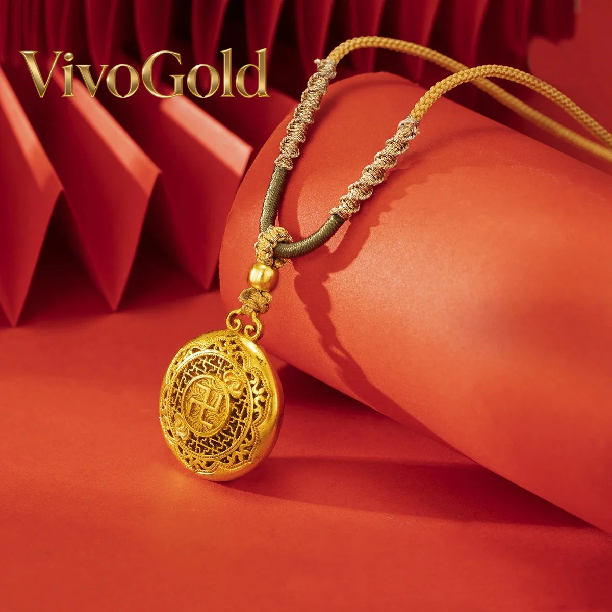 VivoGoldLuxury design 24K real gold Buddha head eight treasure compass pendant men and women necklace au999 pure gold fine penda