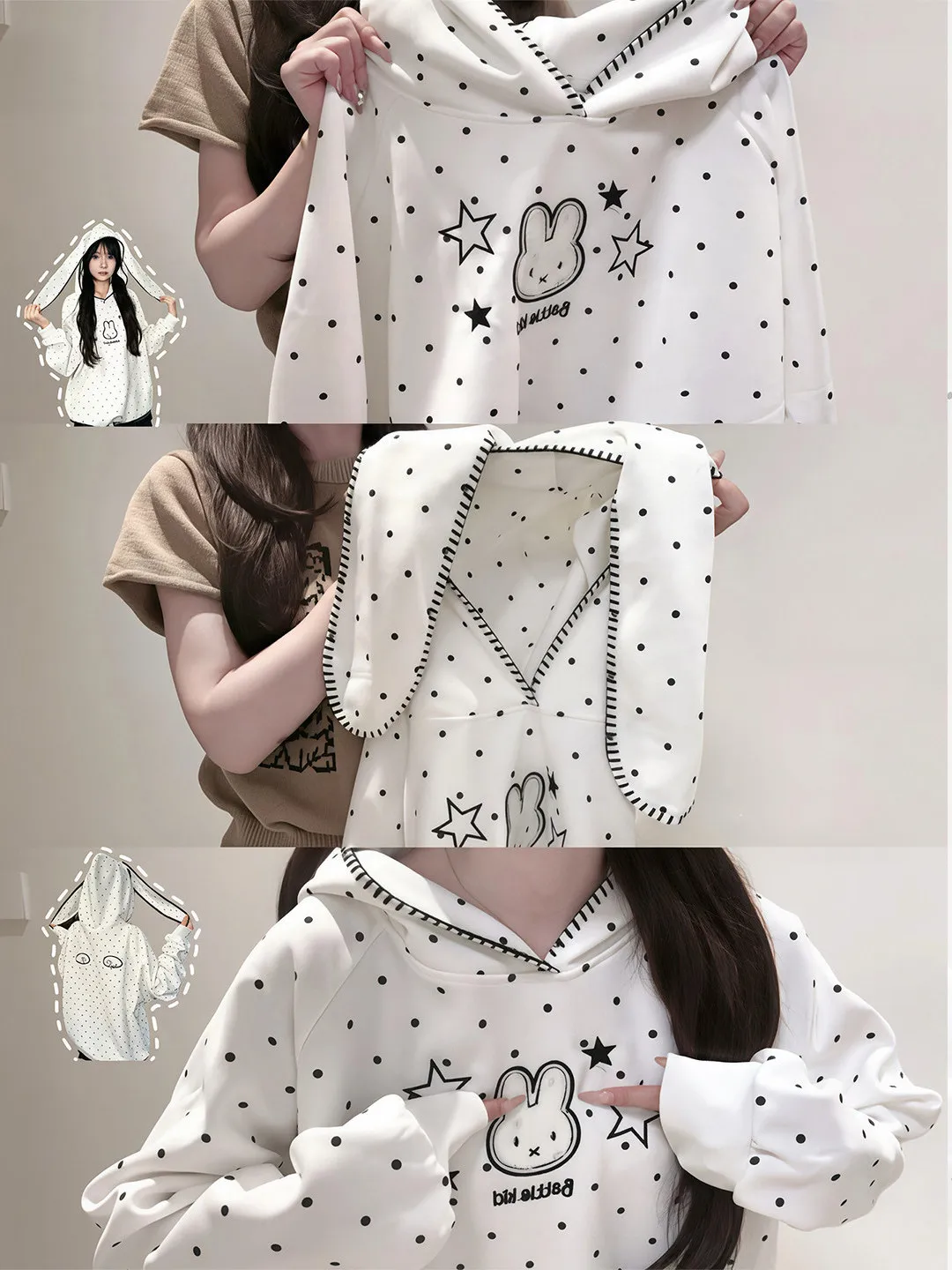 White Black Polka Dot Oversized Hoodie Women's Long Sleeve Pullover Sweatshirt Korean Style Design Casual Top for Autumn