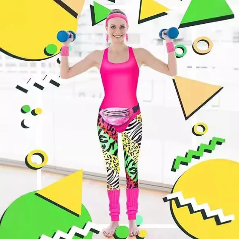 1980s زي حفلة النساء ملابس رياضية ريترو 80s ملابس السباحة 80s السيدات رياضية زي مجموعة مع اكسسوارات مجموعة الهيب هوب الملابس