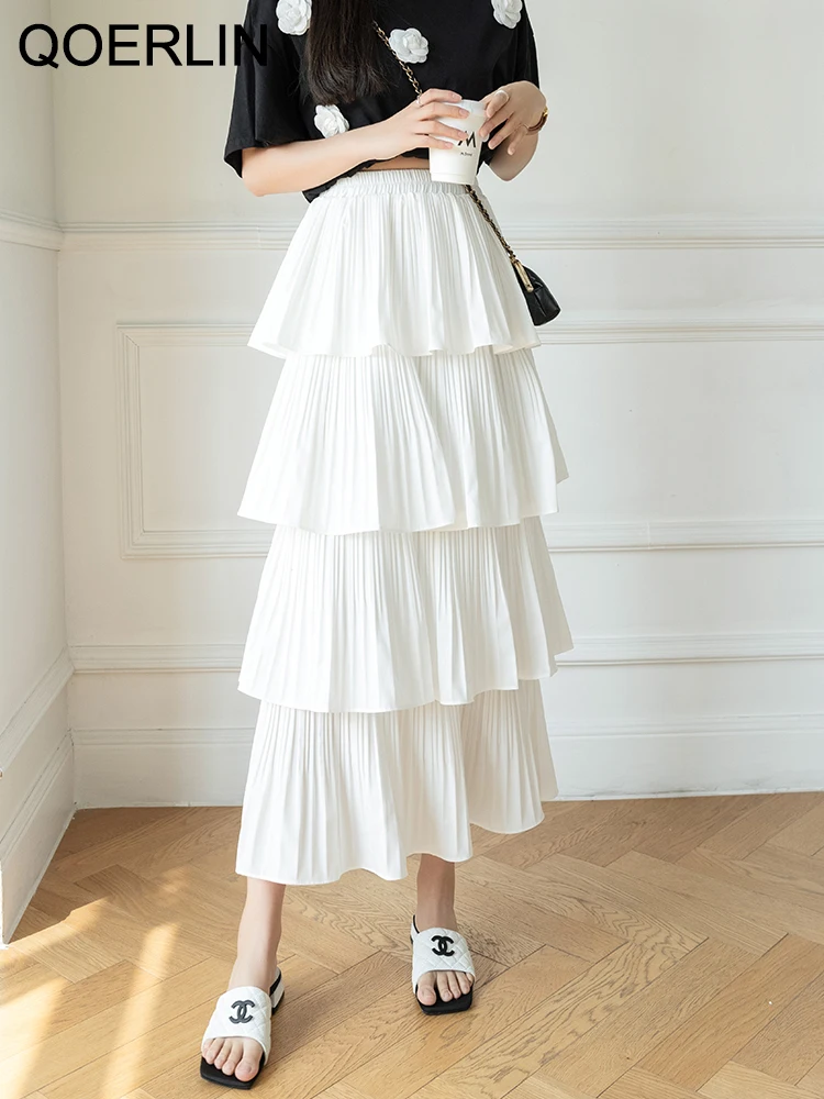 QOERLIN Ruffles Layers Skirts Summer New Women Loose Casual Pleated Long Skirts Black White Elastic High Waist Skirt Fashion