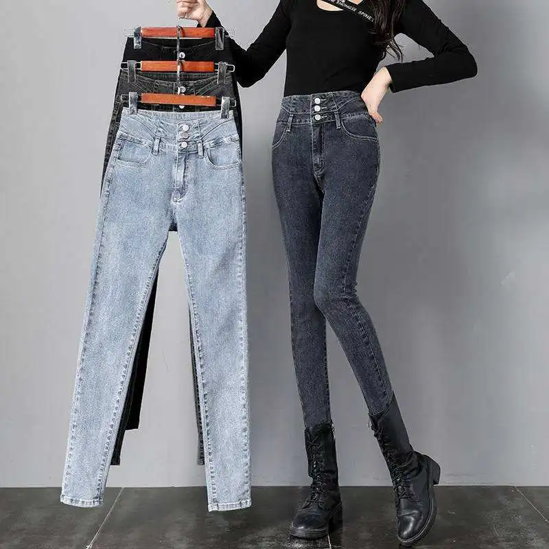 

Женские джинсы с высокой талией и пуговицами, облегающие женские джинсы Nine ket, зимние модные облегающие брюки-карандаш с подтяжкой бедер