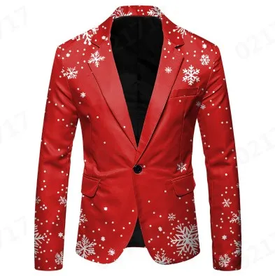 Men Christmas Suit Snowflake Elk Print Christmas Tree Santa Claus Blazers Jacket Long Sleeve Lapel Suit Holiday Party Xmas Gift