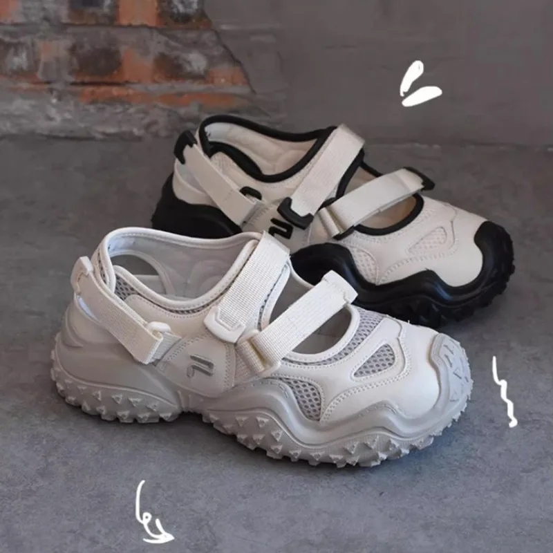 

2025 Summer New Mary Jane Retro Ugly Women's Shoes Mesh Cloth Tire Thick Bottom Hollow Sandals Anti-slip Wear Sneakers