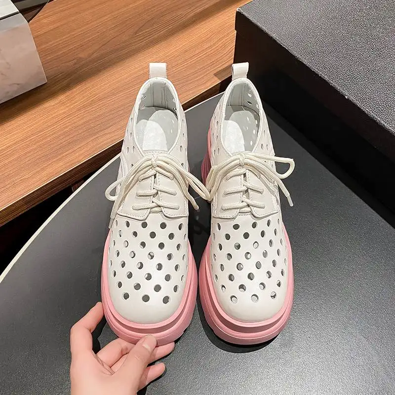 Krazing Pot Genuine Leather Super High Heels Platform White Sneakers Round Toe Summer Lace Up Hollow Concise Leisure Women Pumps