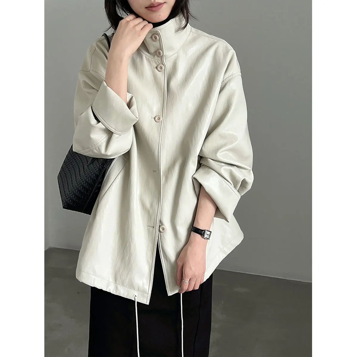 SuperAen Stand-up Collar PU Leather Drawstring Waist Mid-length Coats Women Oversize Autumn New Loose Style Coats