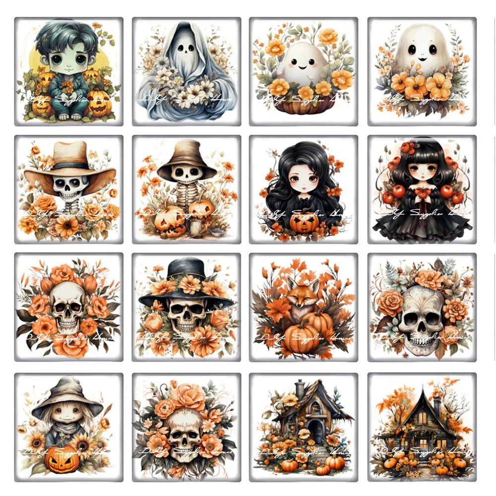 

10pcs/lots Halloween Skull Flower Ghost Witch Pumpkin Square Photo Glass Cabochon Demo Flat Back Cameo For Diy Jewelry Making