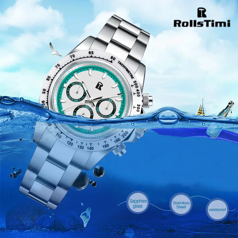 ROLLSTIMI Business Dress Men Automatic Mechanical Watch 3‑Eye Dial Sapphire Luminous Tachymeter Watch Racing Sport Watch For Men