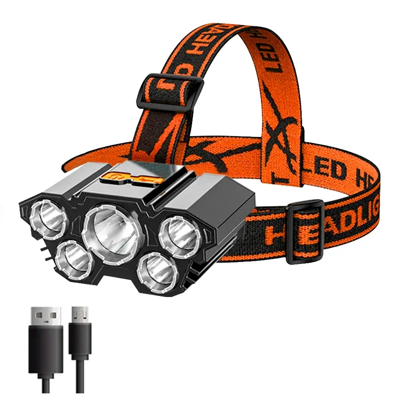 Usb Rechargeable Built-in Battery 5 Led Strong Headlight Super Bright Head-Mounted Flashlight Outdoor Rechargeable Night Fishing