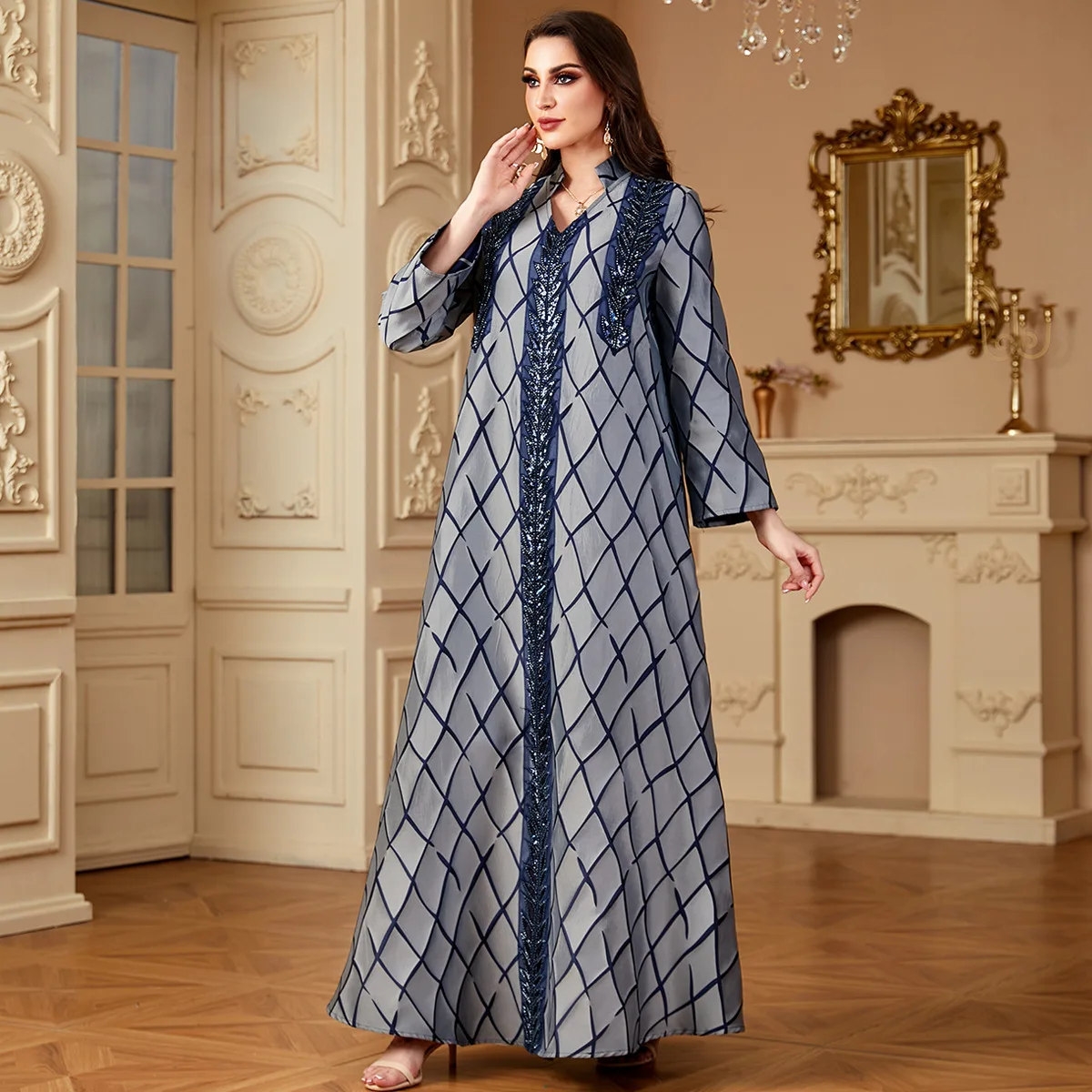 4153, großer Schwung, V-Ausschnitt, langer Rock, muslimische Robe, neues modisches Jacquard-Damenkleid mit langen Ärmeln