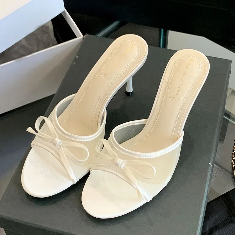 

Sexy High Heeled Slippers Women Fashion Mesh Bowknot Summer Slide Sandals Luxury Designer Brand Heels for Ladies Sandalias Mujer