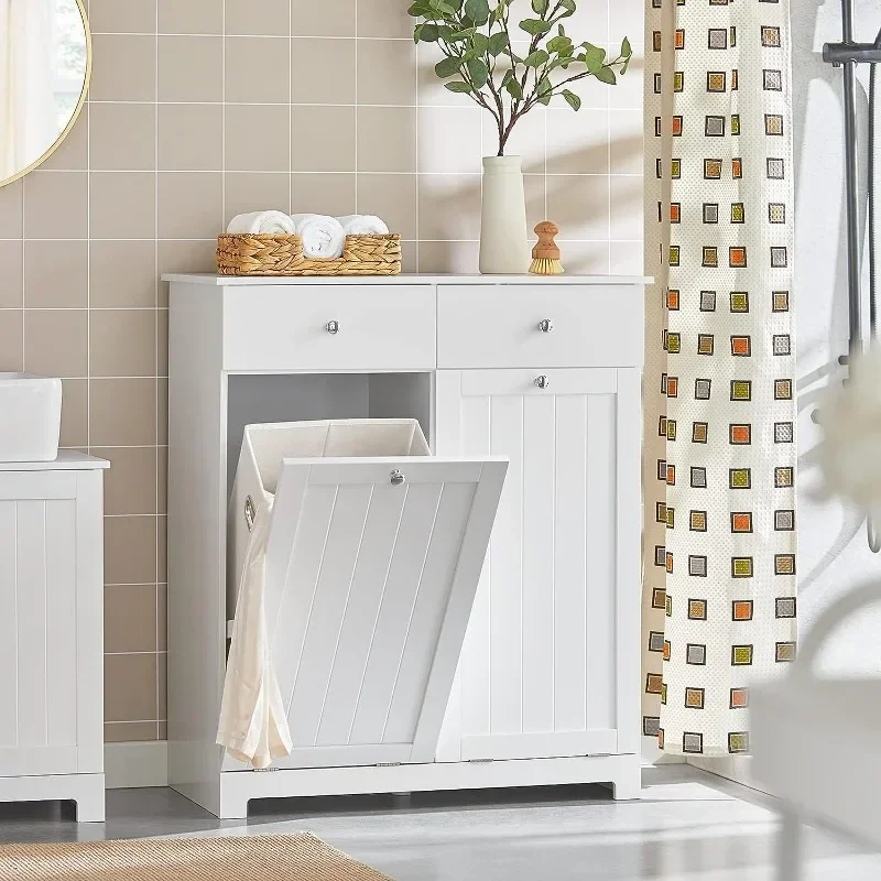 Haotian BZR33-W, White Bathroom Laundry Cabinet with 2 Baskets and 2 Drawers, Tilt-Out Laundry Hamper