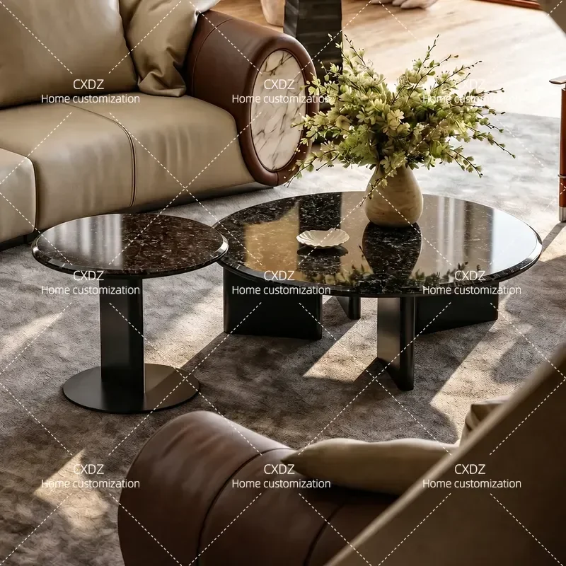 Italian Minimalist Marble Coffee Table Round Small Luxury Stone Side Table with Platinum Diamond Accents for Living Room Home
