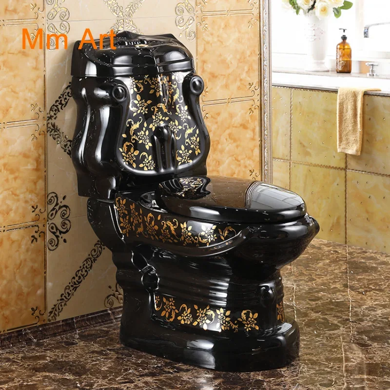 

One Piece Black Closestool WC Pan Cyclone Fluishing S-Trap Floor Mounted Luxious Villa Bathroom Seat Toilet Wash Down Toilet WC