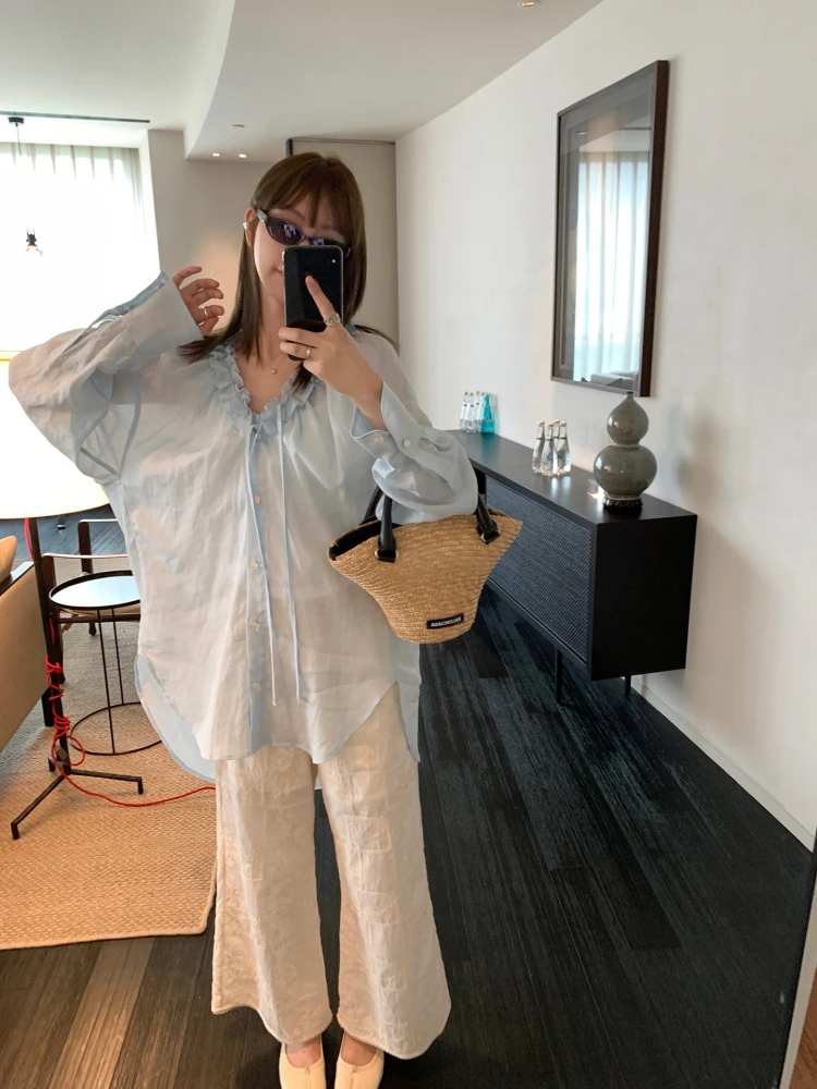 

Летняя защита от солнца 3C: Прохладная льняная свободная рубашка с длинным рукавом, асимметричным цветочным узором, в корейском стиле, для повседневной носки, прямого кроя.