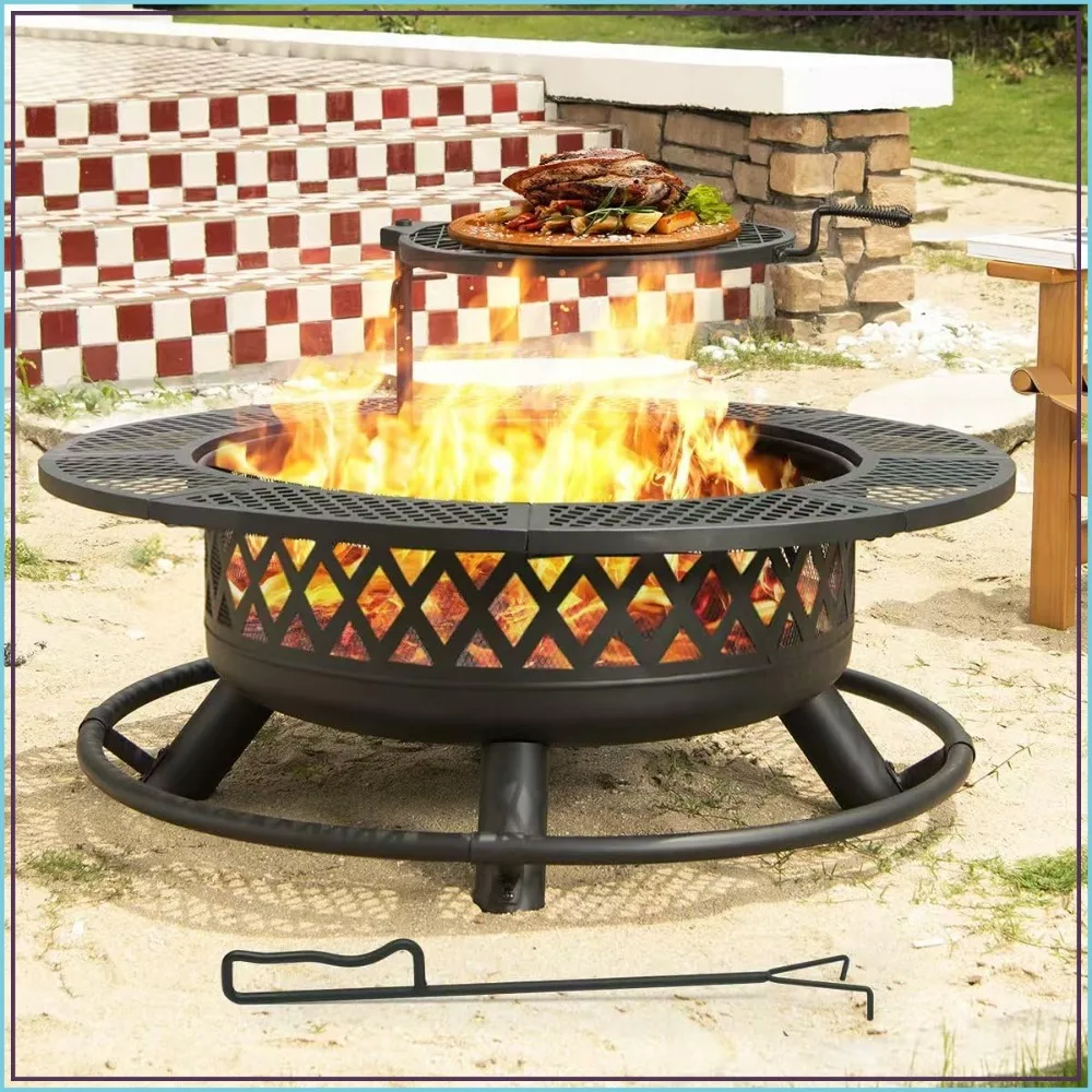 42 Inch Outdoor Fire Pit with Grill Wood Burning 3-in-1 Firepit for Patio Backyard