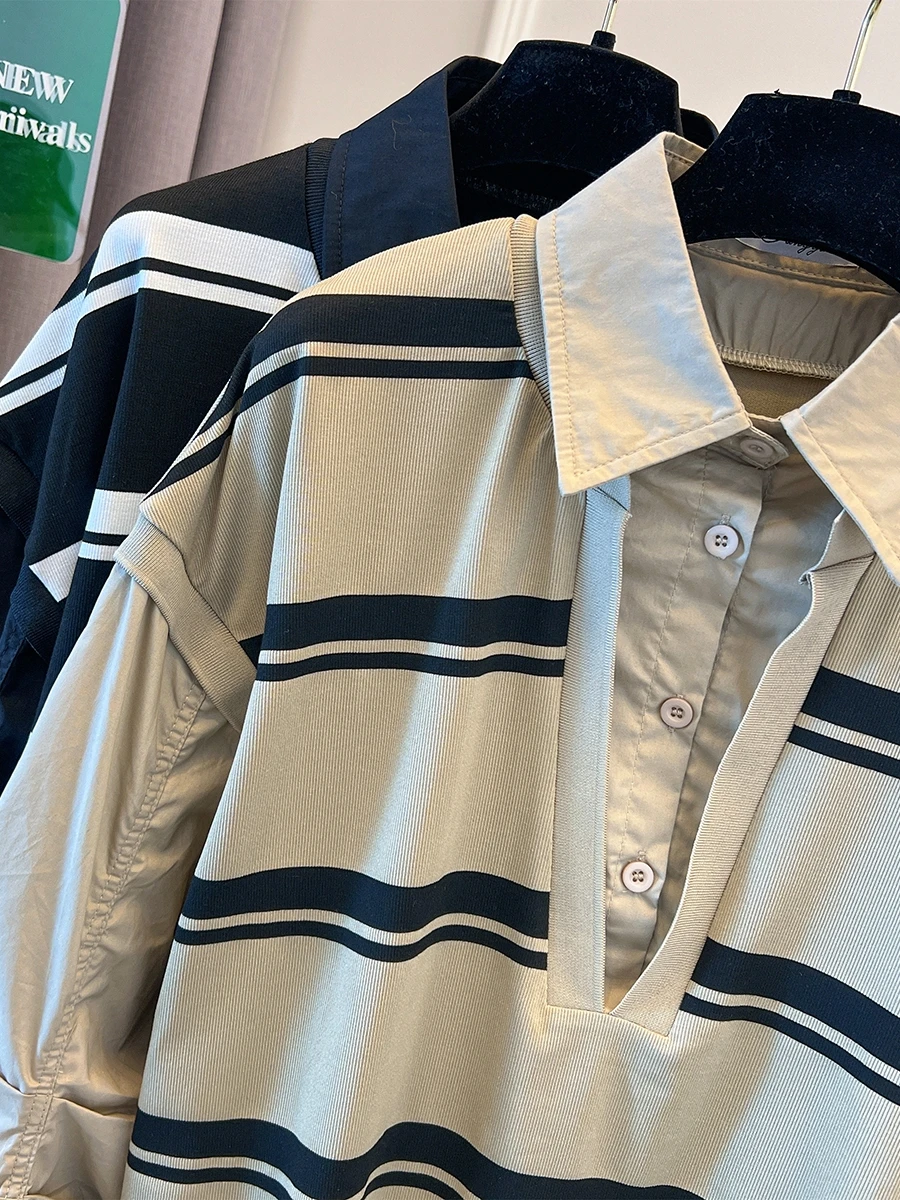 Color Blo Striped irt Women's Spring Autumn Dstring Design Cotton Blend Long Sve Casual Faion Top