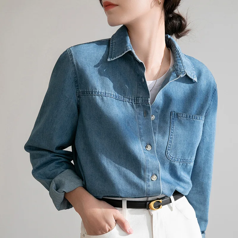 

Solid Long Sleeve Denim Shirt Women's 2026 Spring Autumn Versatile Vintage Hong Kong Style Single Breasted Leisure Women Top