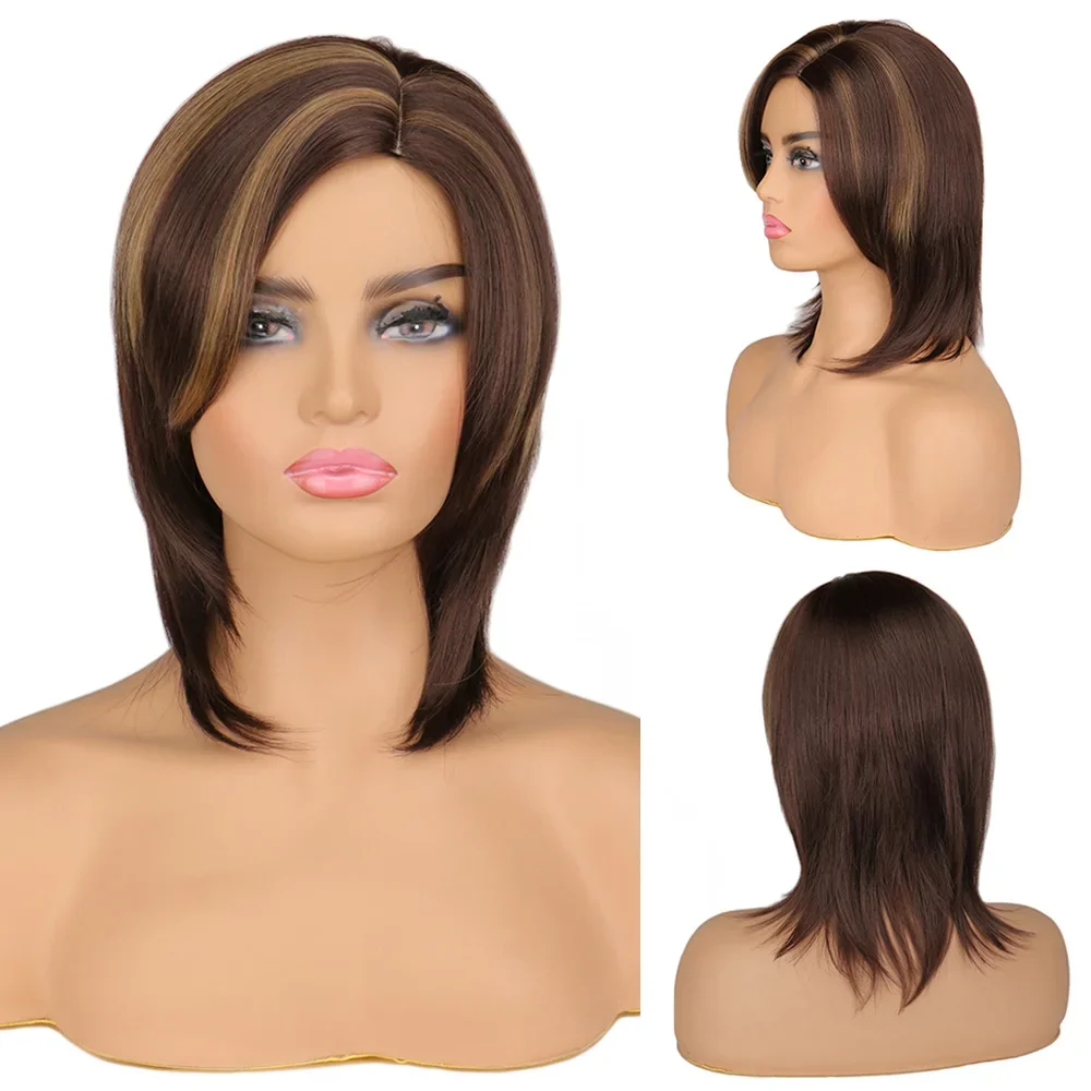 WHIMSICAL W Synthetic Women Straight Style Pixie Cut 14inch Short Ombre Brown Natural Hair Wigs Heat Resistant Wig for Women