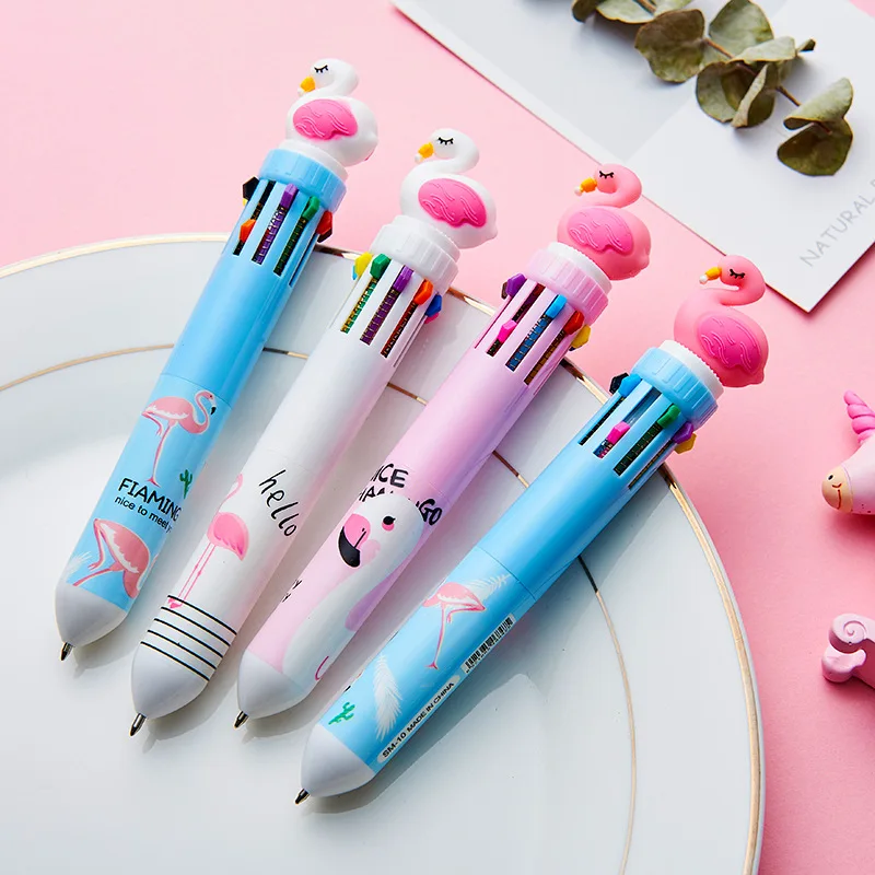 Flamingo Pastel Girly Heart Series 10-color Ballpoint Pens, Multicolor Student Office Hand Account Colored Stationery
