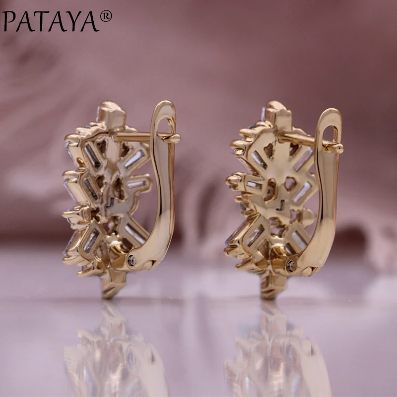 PATAYA Luxury Champagne Gold Color Flower Daily Earrings for Women Green Natural Zircon Accessories Vintage Wedding Jewelry