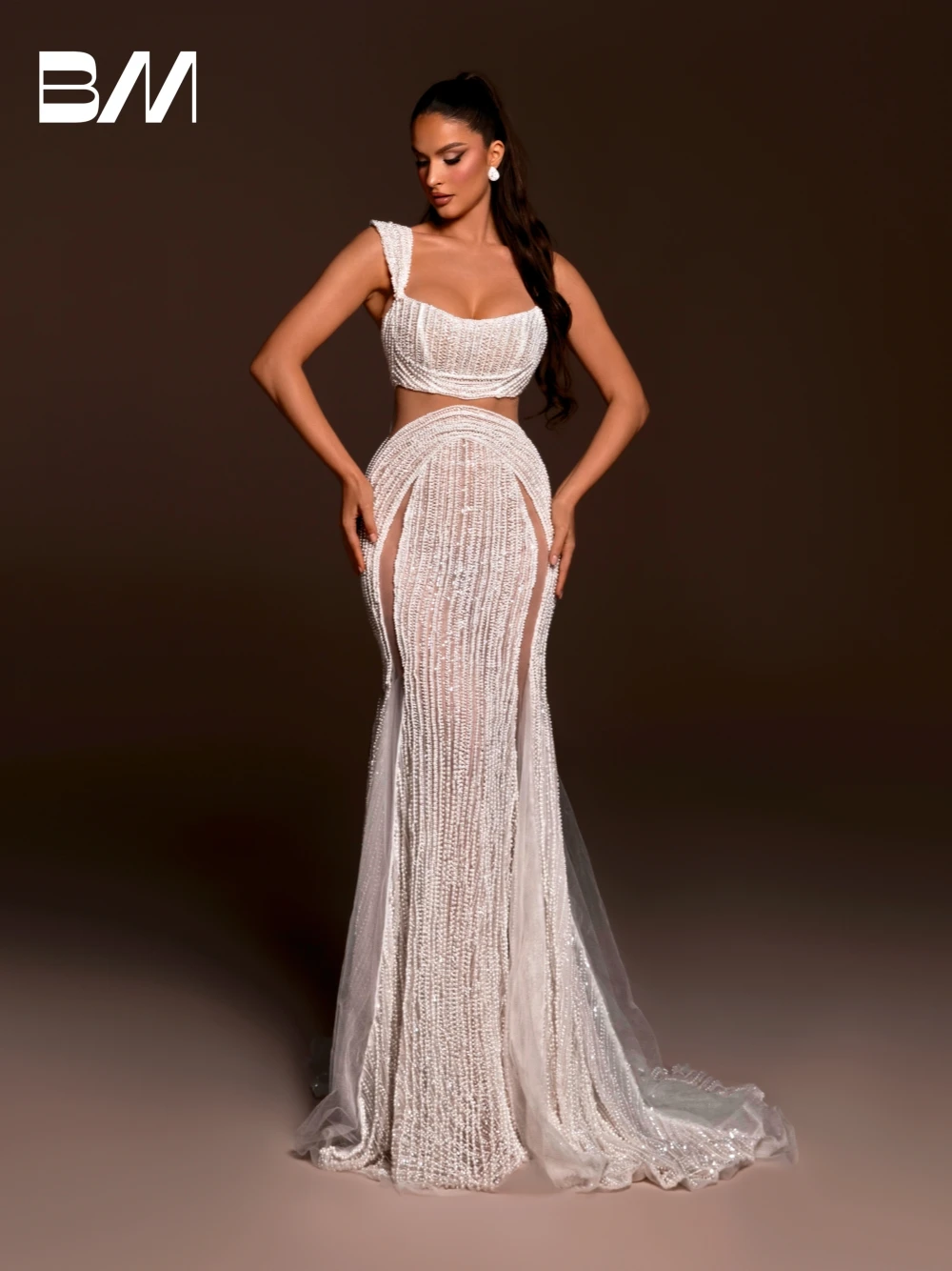 Stunning Scoop Neckline Mermaid White Wedding Dress Delicate Sexy Two Pieces Pearls Tulle Customized Bridal Gown For Women