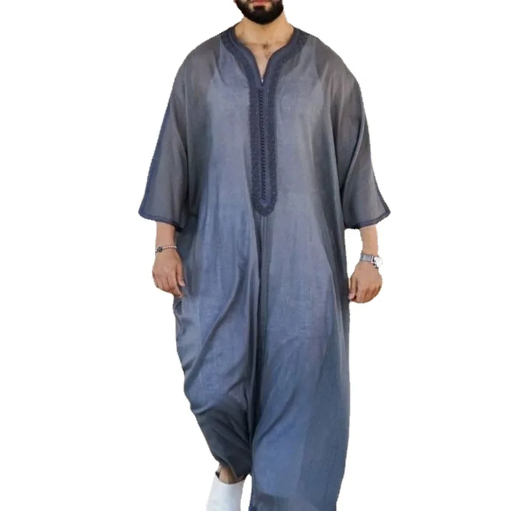 Kimono musulmán Jubba Thobe para hombres, túnica media con botón sólido, camisa musulmana saudita, cuello levantado, Kaftan árabe islámico, Abayas