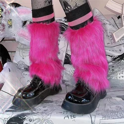 Ciemnoróżowy futrzany getry Y2K Punk Faux futro getry osłony na buty Lady śliczne Jk do kolan Hipster ciepłe skarpety dziewczyny skarpetki