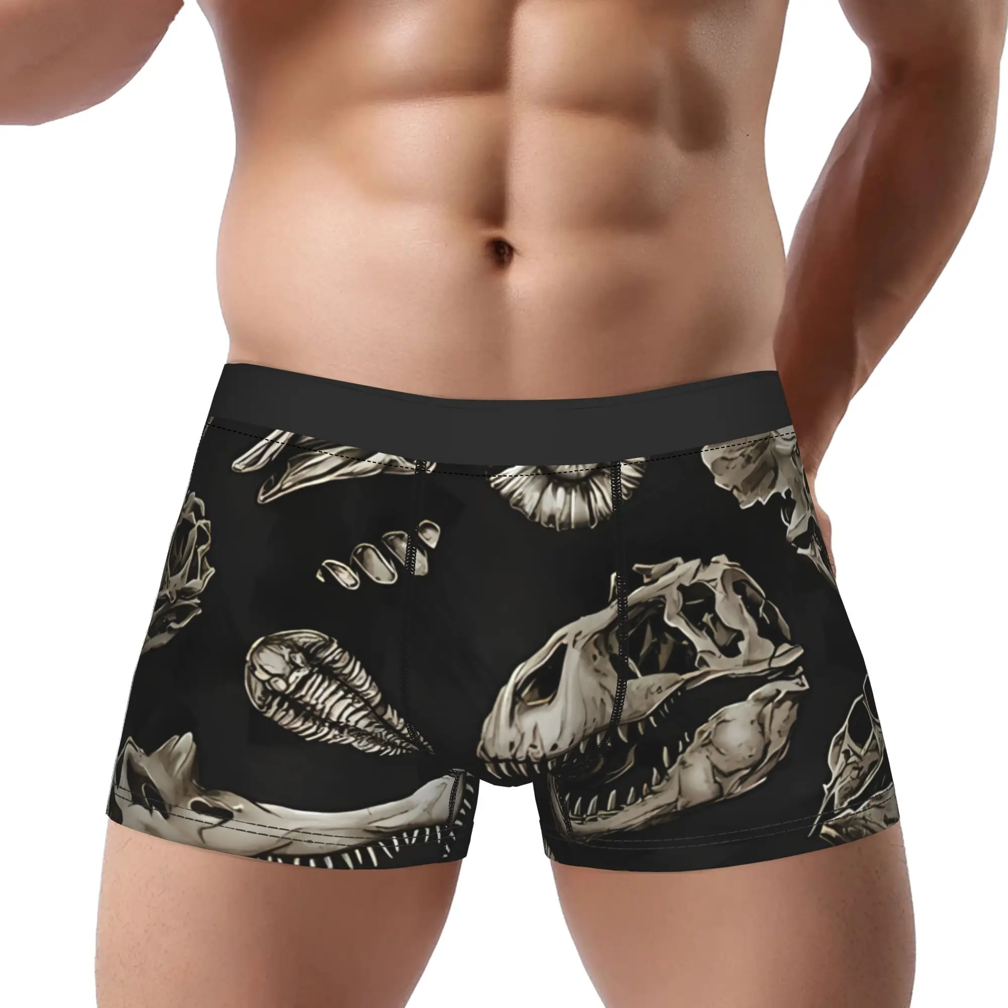 1piece Dinosaur Skull Sketch Tiled Pattern Black Natural  Underpants Breathbale Panties Man Underwear Print Shorts