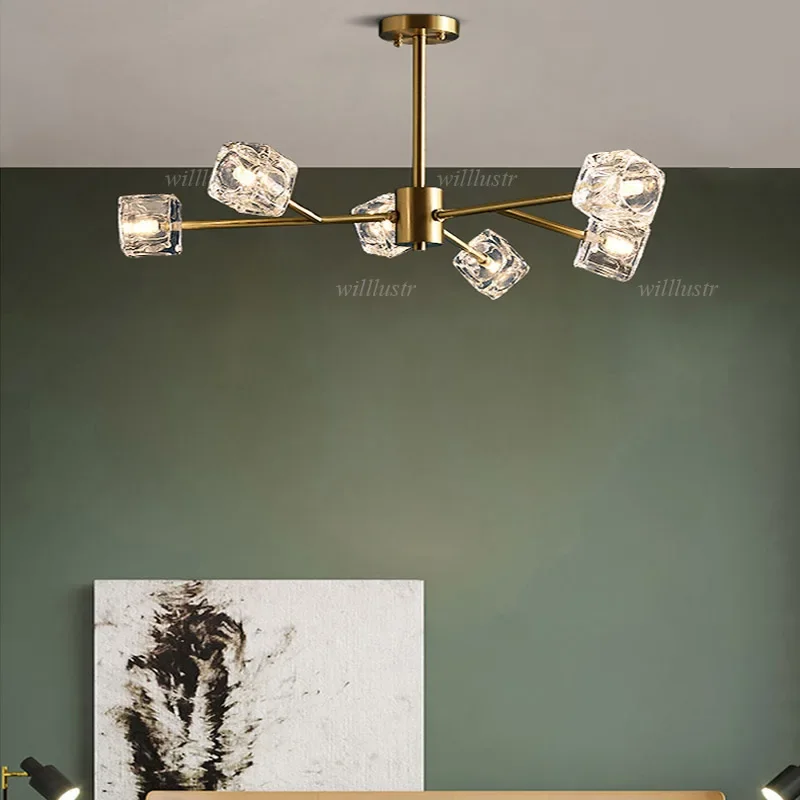 Copper Pendant Lamp Luxury Crystal Square Shade Suspension Light Hotel Mall Sitting Bedroom Molecular Hanging Ceiling Chandelier