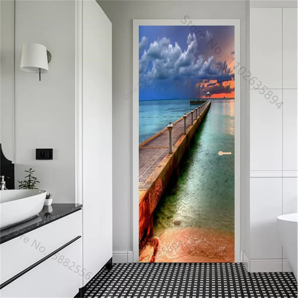 

Coconut Tree Wooden Bridge Sea Door Stickers Home Bedroom Decor Scenery Wallpaper Decal PVC Waterproof SelfAdhesive Poster Mural