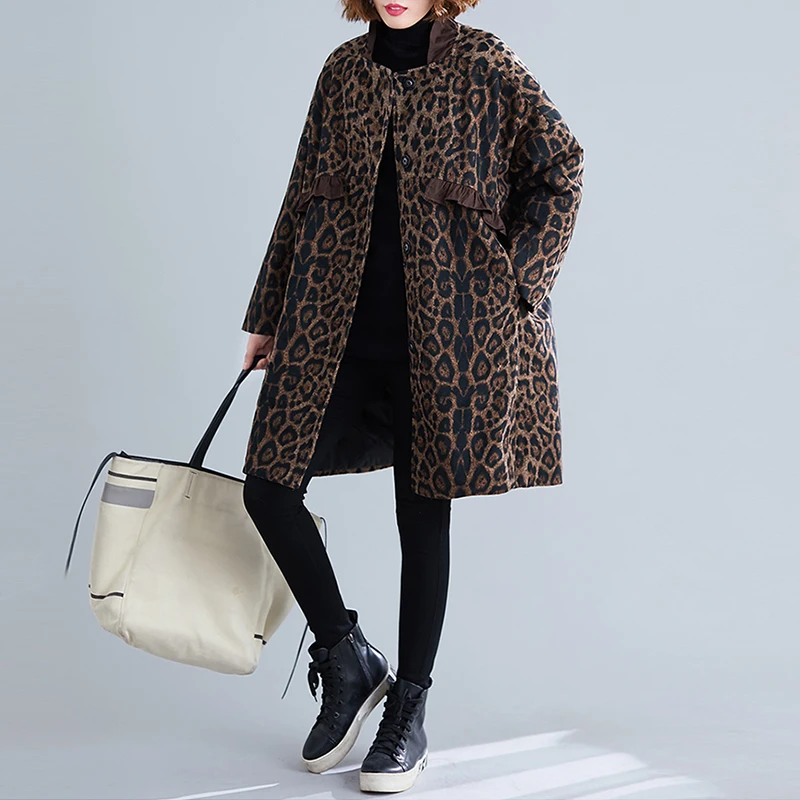 معطف صوفي نسائي كبير الحجم للخريف والشتاء مع كشكش من الخشب متوسط الطول يخفي اللحوم معطف مبطن بالقطن للتخسيس