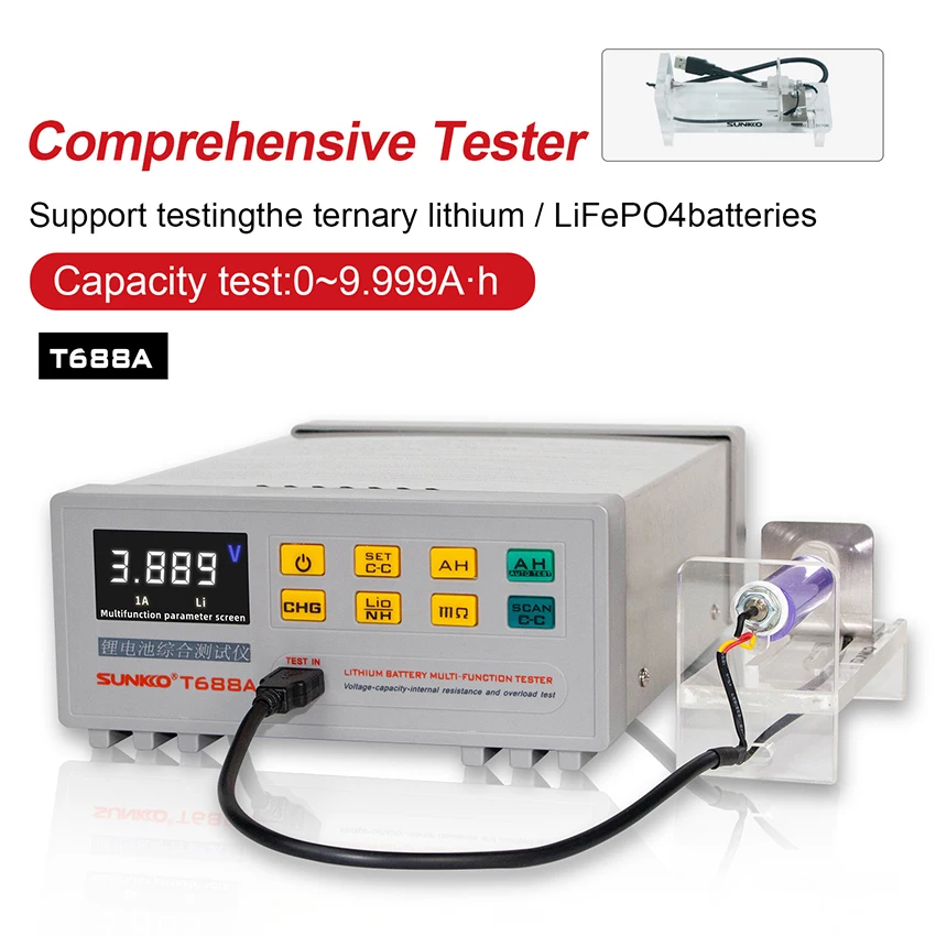 SUNKKO-T688A Single Battery Comprehensive Tester, 18650 Bateria, Capacidade De Resistência Interna, Tester De Sobrecarga De Tensão