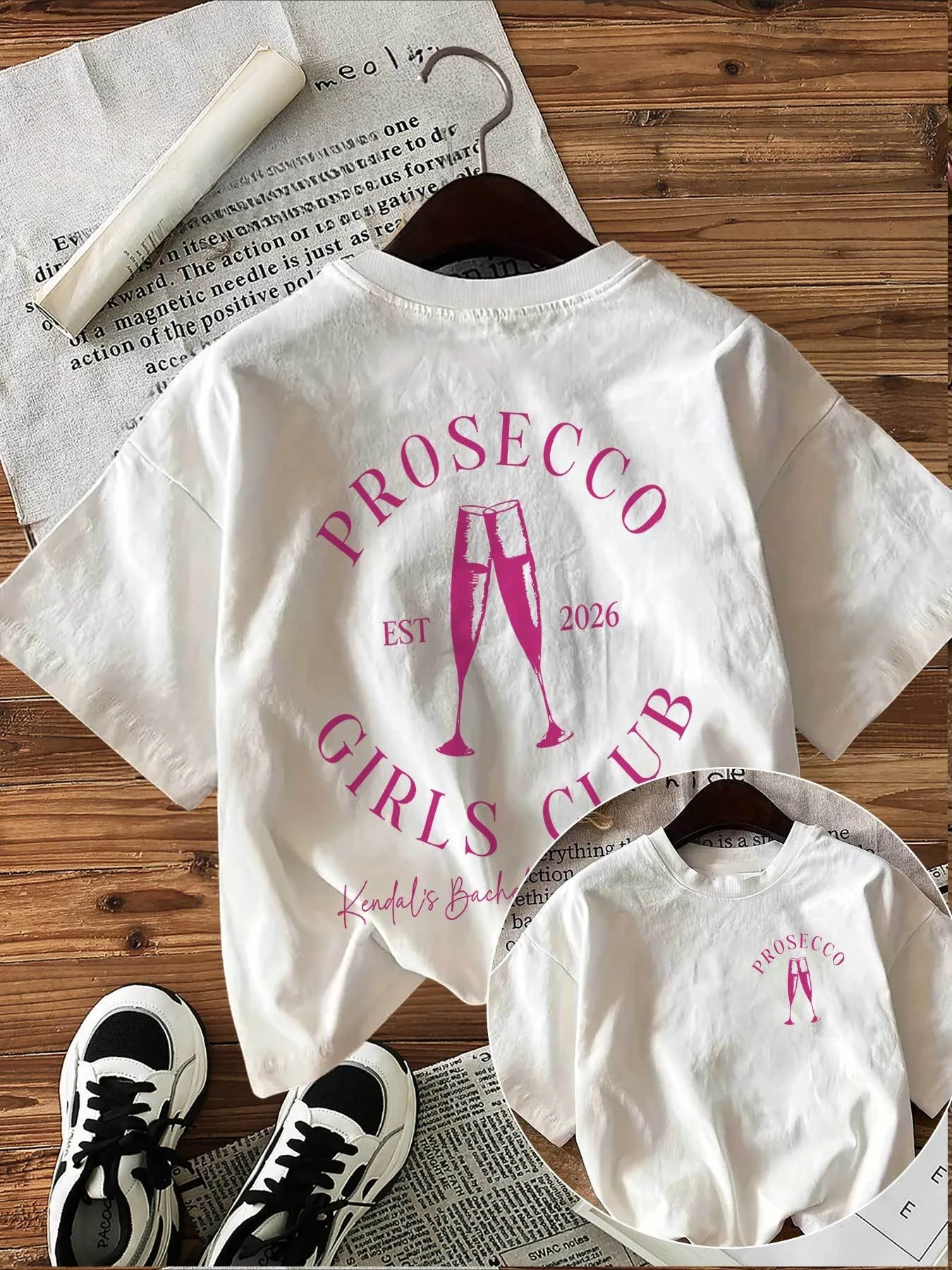 Double-Sided Printed Women'S Champagne Glass and The Text 'PROSECCO EST 2026 CLUB' on A Round-Neck Pure Short-Sleeve T-Shirt