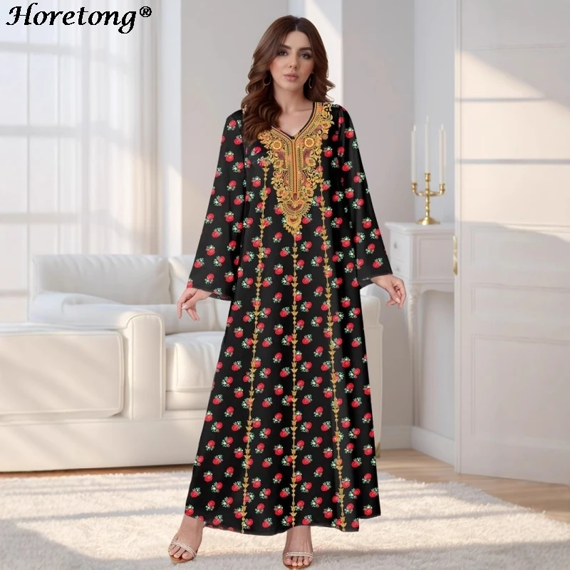 Horetong 2026 New Floral Print V Neck Long Sleeve Loose A Line Maxi Dress Front Panel Elegant Modest Muslim Abaya Ramadan Eid