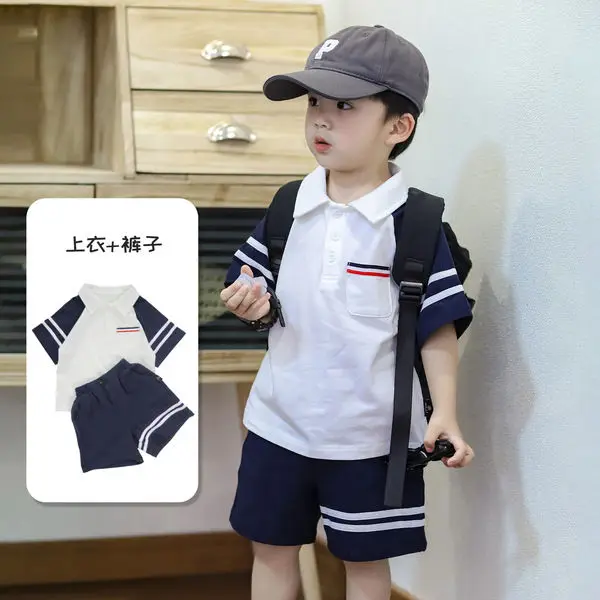 

Boys' Suit Summer College Style Middle and Big Children's Handsome Polo Shirt Baby Short Sleeve Two-Piece Suit