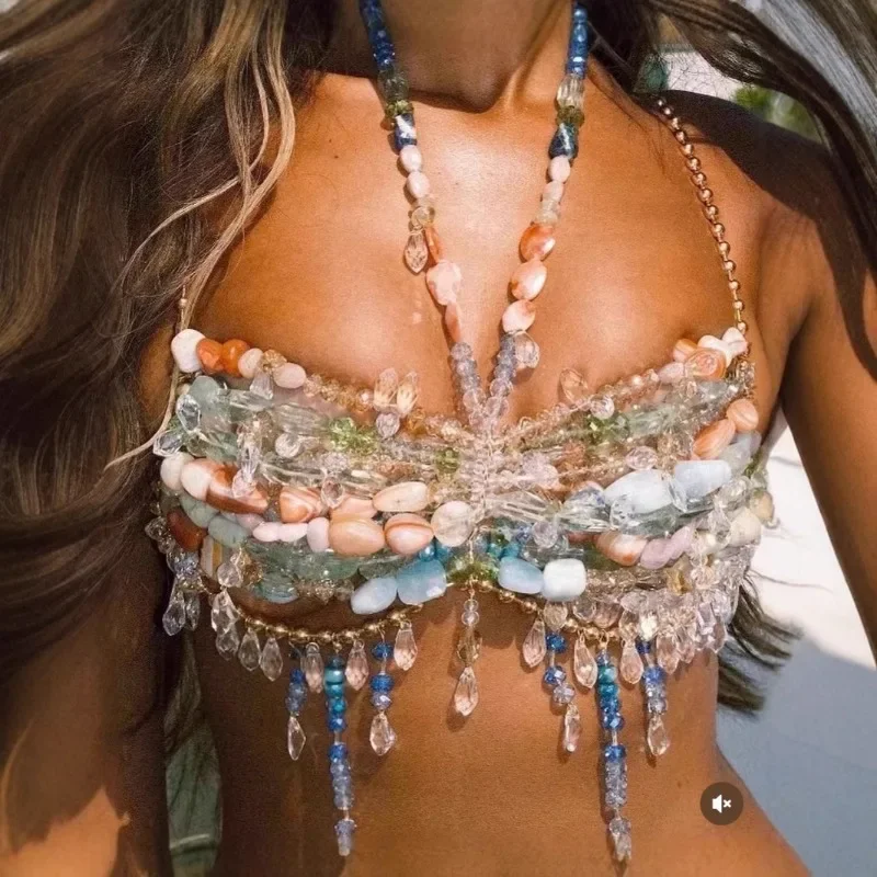 Crystal Rhinestones Colorful Stones Tassel Beaded Bra Women Sexy Fashion Halter Backless Party Club Caims Chest Chains Camis