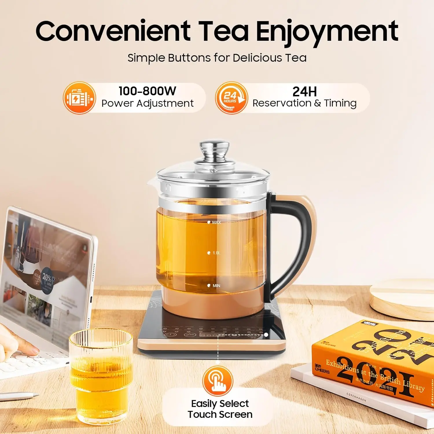 

Electric Tea Kettle, 1.8L Electric Glass Kettle, 800W Portable Health Pot with 18 Smart Programs, 24H Keep Warm Christmas Gift