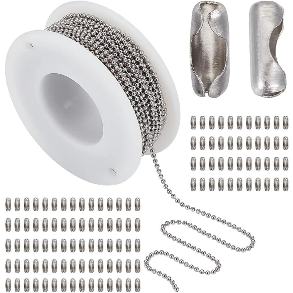 

32,8 фута/10 м 1,5 мм цепочка из бисера из нержавеющей стали, серебряная шариковая цепочка из бисера, металлическая собачья бирка, рулонные соединители, застежки для шнура, комплект звеньев