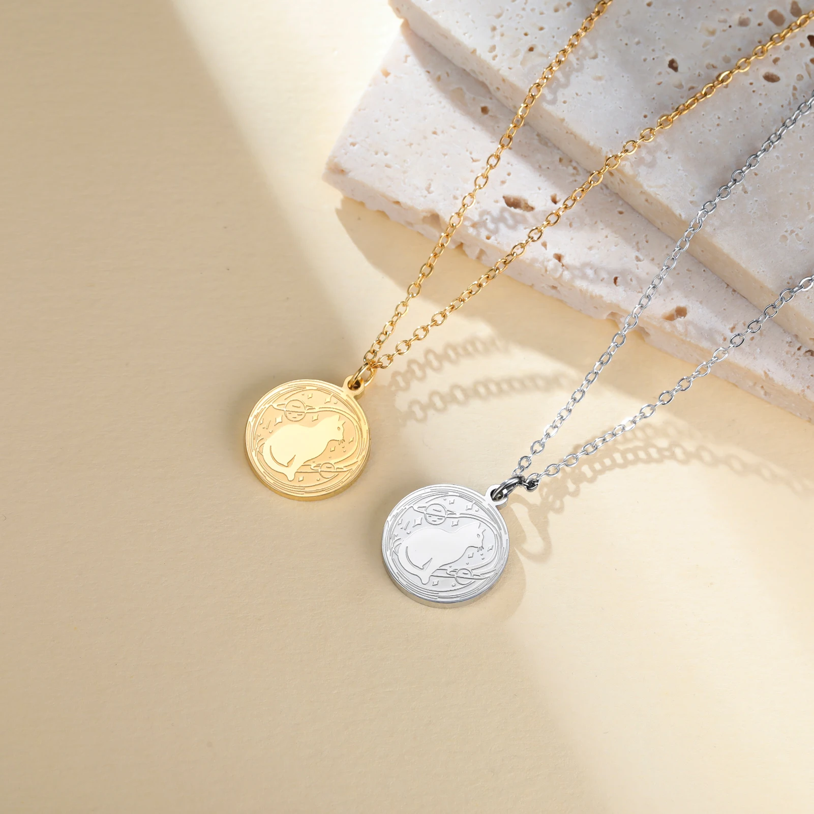 Unift Space Cat Necklace Stainless Steel Necklace for Women and Men Cute Gold-Plated Necklace Tiny Space Cat Pendant Necklace