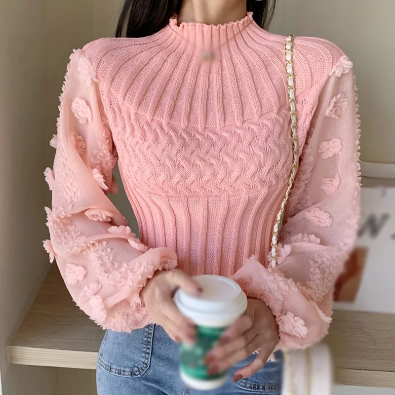 Women\'s Tight Sweater T-shirt Puff Sleeve Mesh Stitching Crew Neck Slim Tops Knitted Warm Pullover