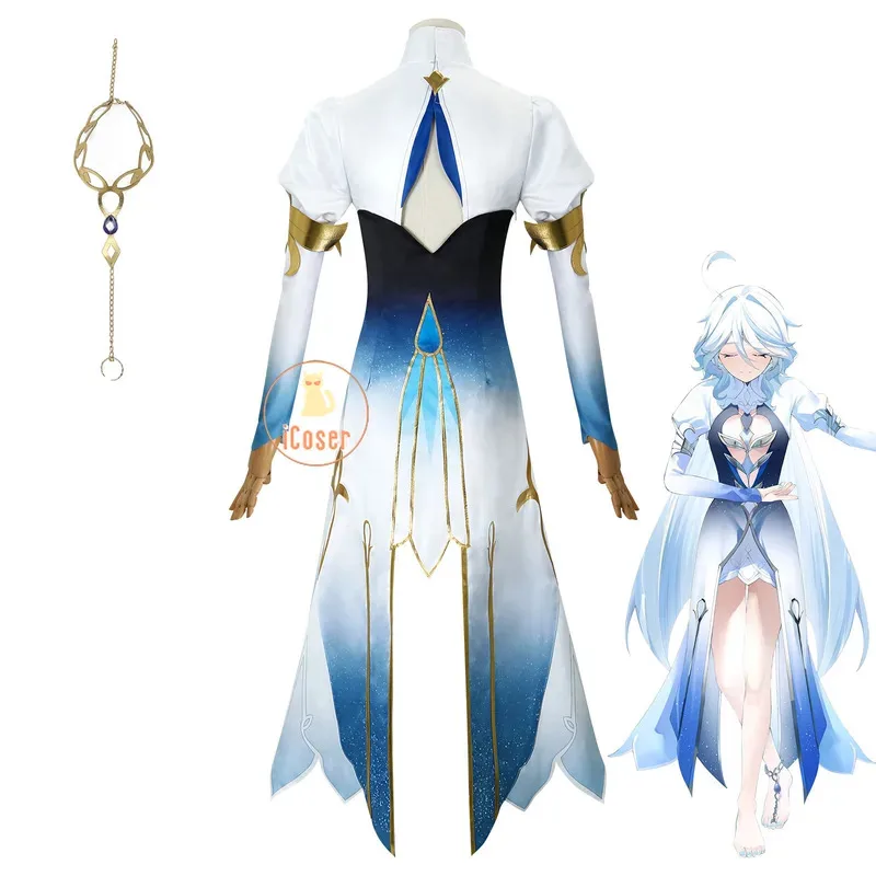 25COSGenshin تأثير Focalors Furina تأثيري حلي شعر مستعار فستان شيطاني الله موحدة خلخال إله العدالة حفلة الهالوين النساء Pr