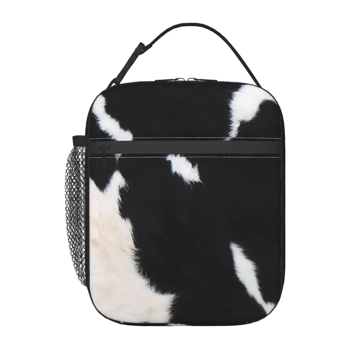 Smooth Rustic Black Cow Hide Print Portable Lunch Boxes Women Animal Cowhide Texture Thermal Cooler Food Insulated Lunch Bag