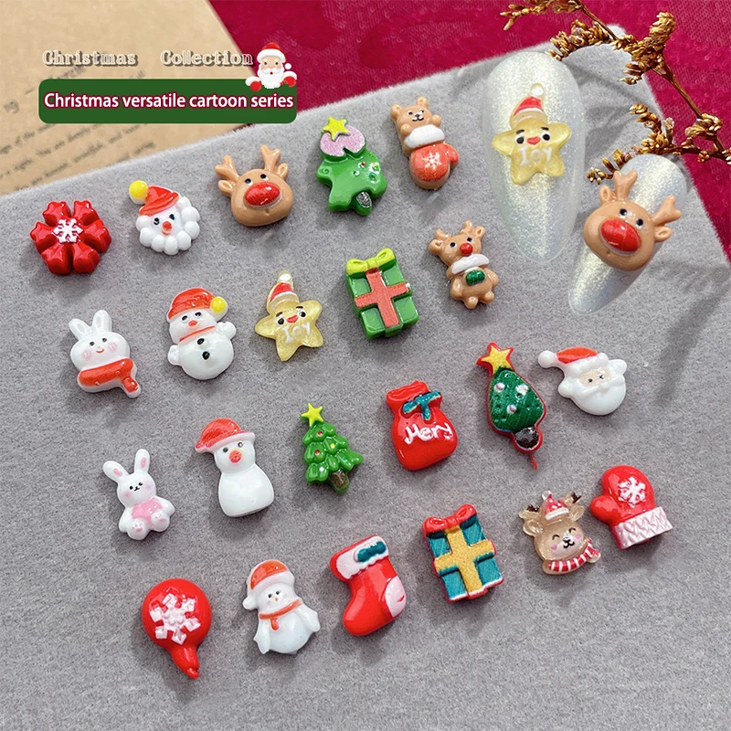 10Pcs Christmas Cartoon Nails Decoration Santa Claus,Elk,Bell,Tree Resin Nail Charms Cute Jewelry Part Decoration Accessories