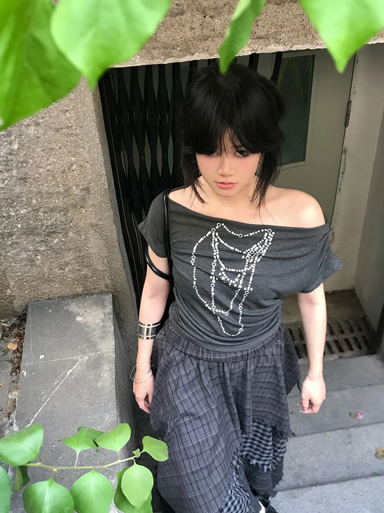 

Loose Pearl Tear Print Shoulder T-Shirt Women's Summer Casual Fashion Short Sleeve Loose Top Versatile Retro Style Commute Wind