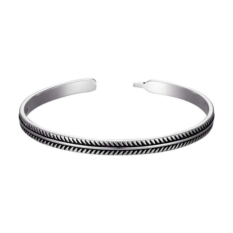 Vintage Tibetan New 925 Silver C-Bangle Simple 3Pcs/Set Bracelets For Men Women Black Lava Beads Stackable  Jewelry Gift