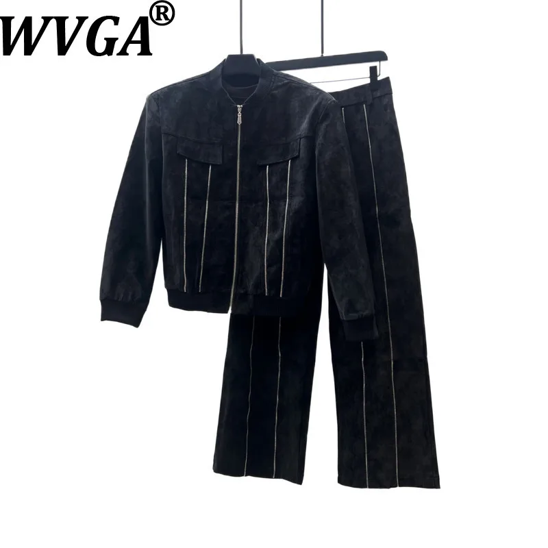 WVGA Autumn Winter New Men Vintage Trendy Leather Short Jacket Baseball Collar Niche Casual Wide-leg Pants Two Pieces Set W27516